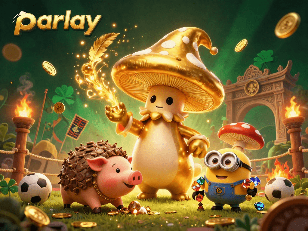 Experience parlay betting excitement with a golden wizard, pig, and treasure in a casino scene.