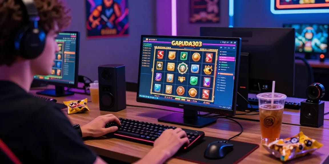 Player enjoying garuda303 slot on laptop with vibrant gaming setup.