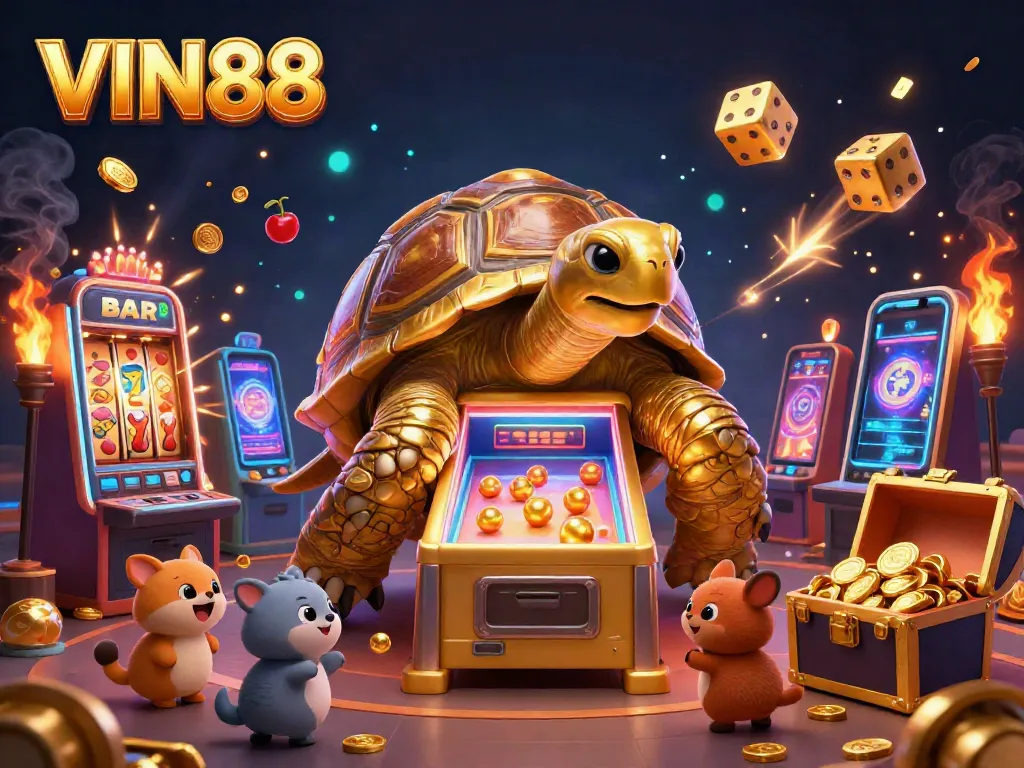 Experience exciting gaming at VIN88 with a vibrant illustration of a golden tortoise pinball machine and overflowing jackpots.
