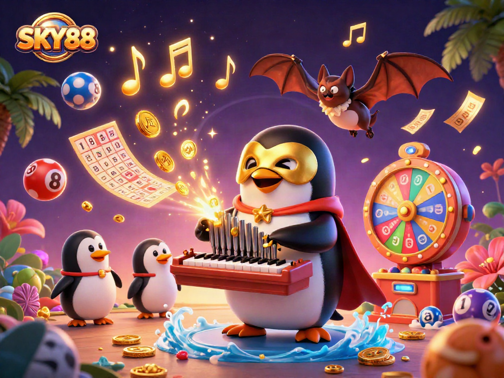 Experience the excitement of SKY88 casino with a whimsical 3D illustration full of vibrant gaming elements.