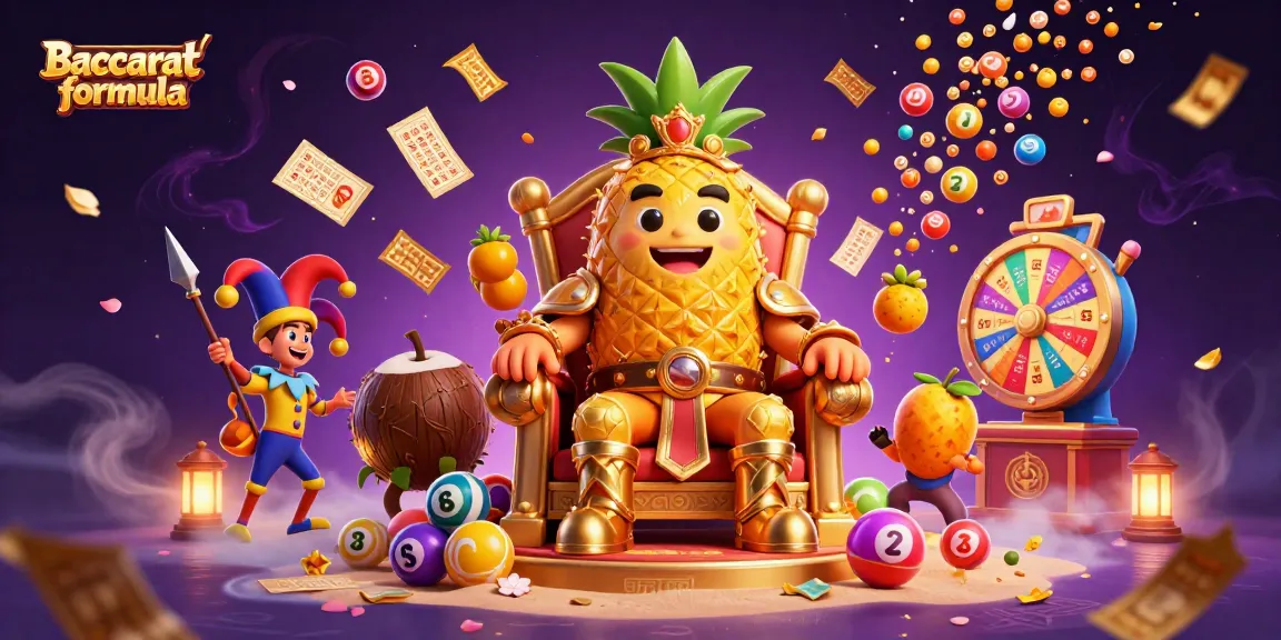 Baccarat formula scene with a golden pineapple king and casino game elements in a vibrant beach setting.