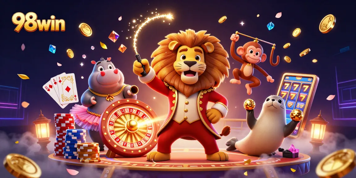 Experience thrilling wins at 98win with vibrant casino characters amidst cascading winnings.
