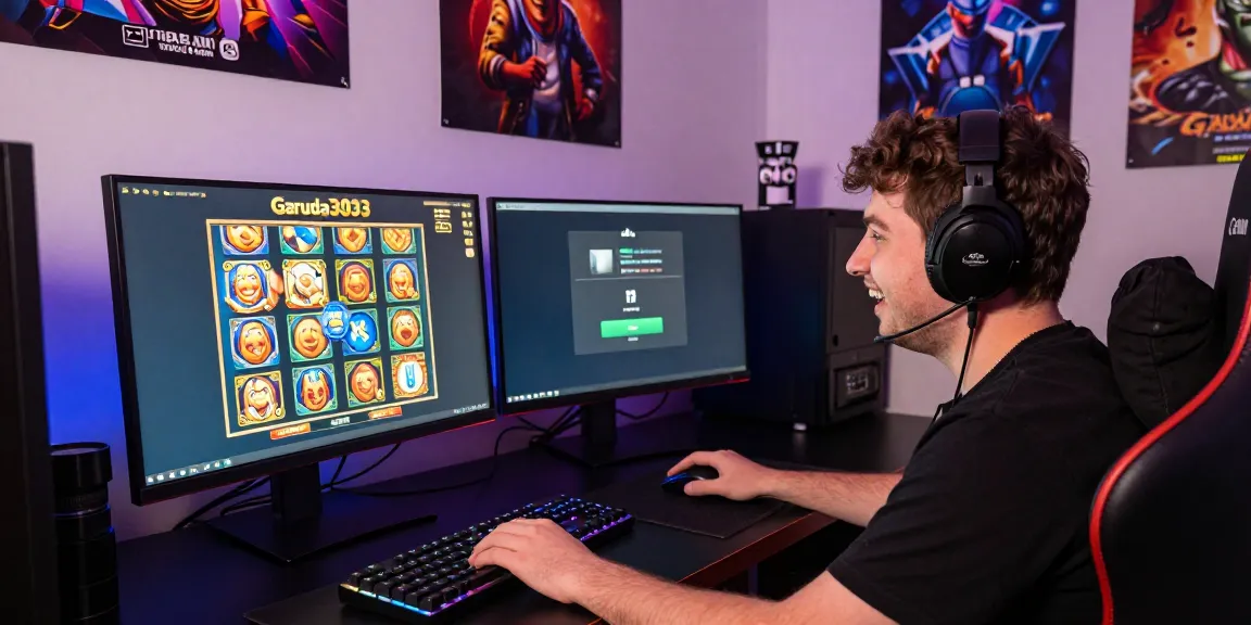 Garuda303 slot gaming scene with player enjoying online slots on modern setup, highlighting vibrant graphics and joyful expression.