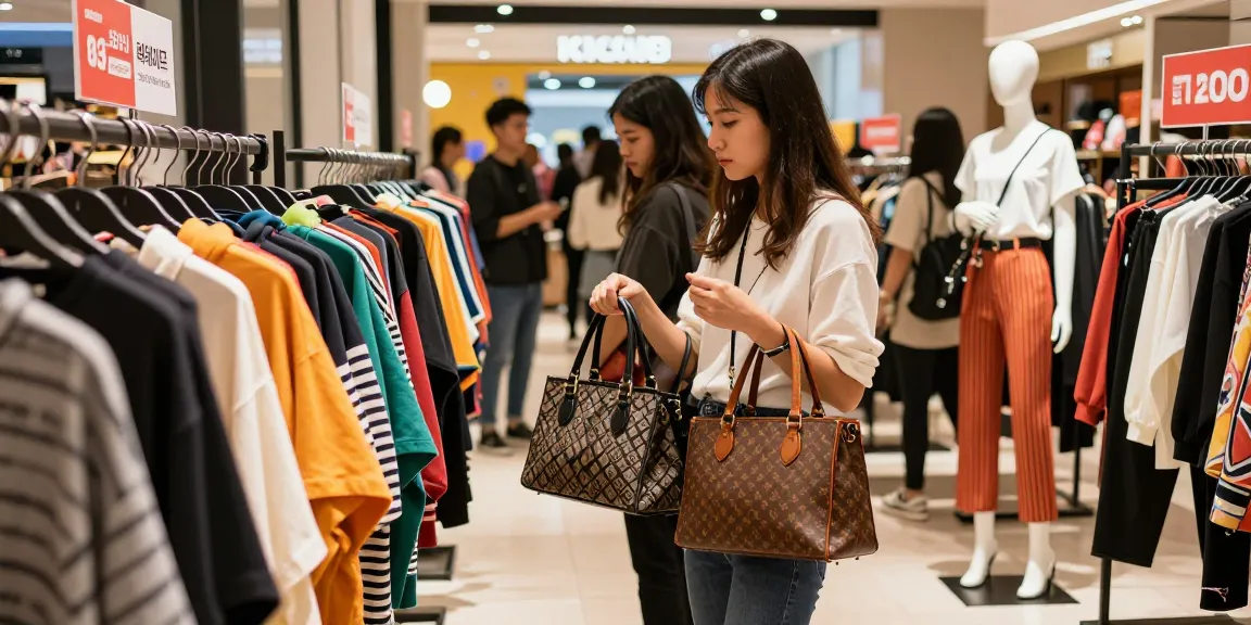 Shoppers exploring quality 레플리카 사이트 designer bags in a stylish urban boutique.