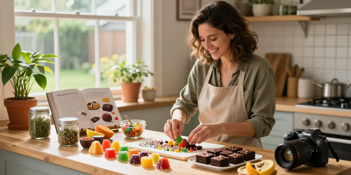Engaging woman preparing cannabis-infused Edibles UK in a warm home kitchen.
