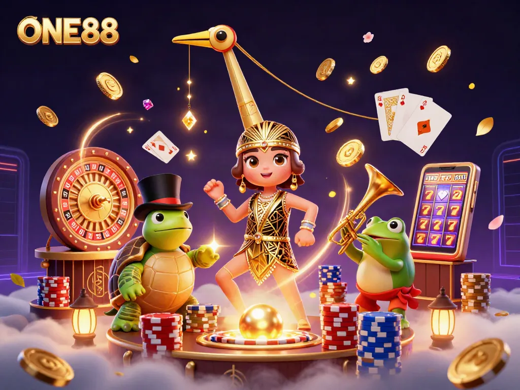 Experience the thrill of ONE88 with a vibrant casino illustration featuring characters and gaming elements.