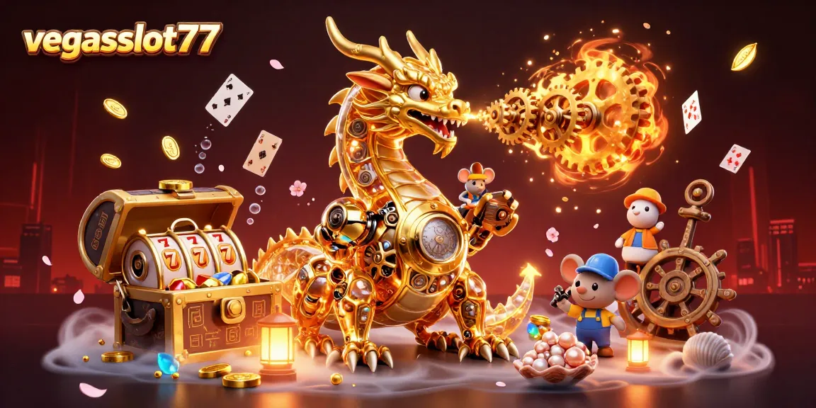 Experience the excitement of vegasslot77 with a cartoon dragon unleashing golden winnings and captivating gaming symbols.