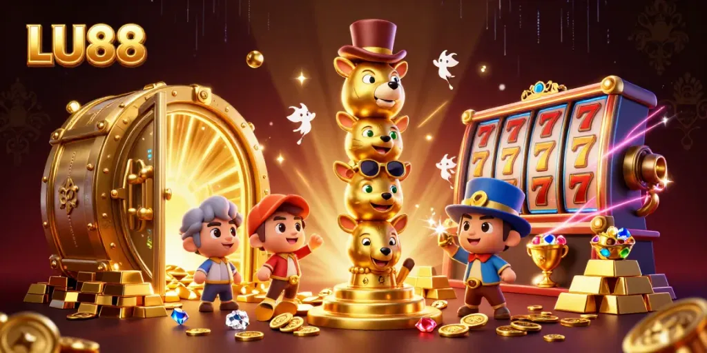 LU88 invites players to engage with vibrant casino elements in a rich, 3D animated scene.