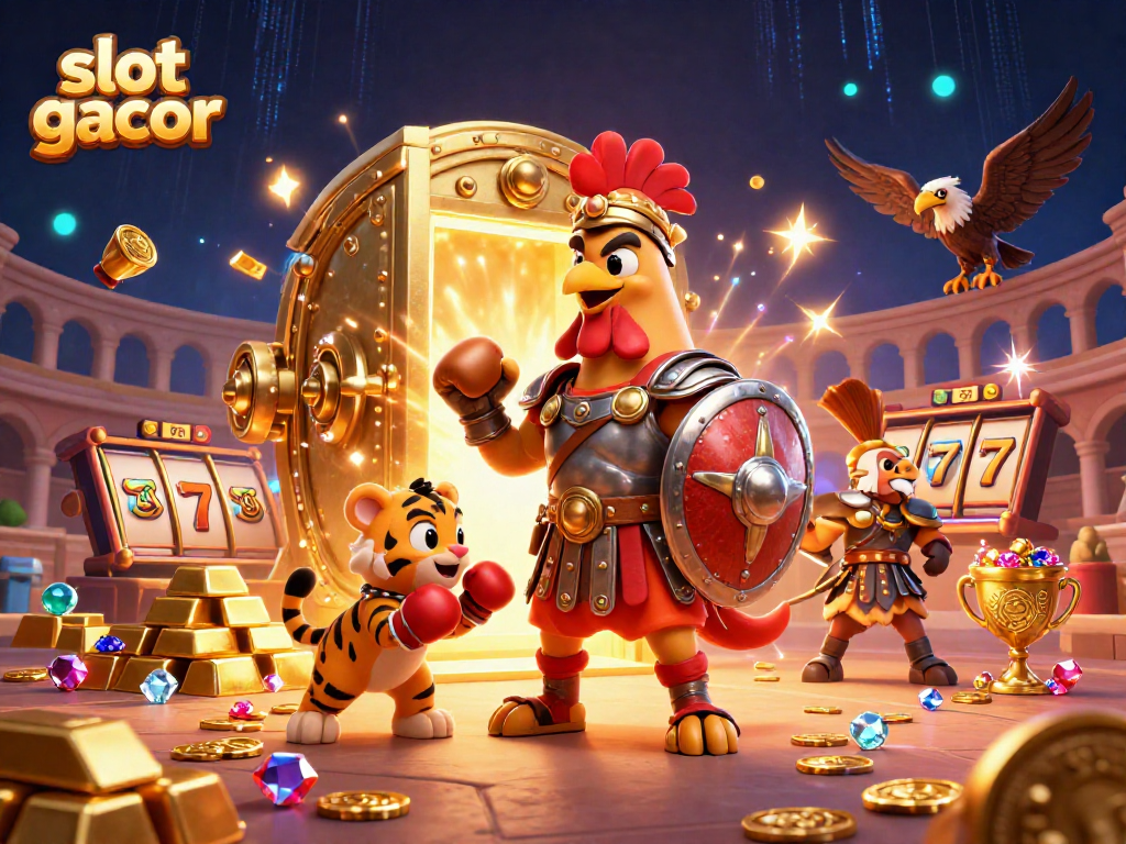 Engaging design showcases slot gacor with gladiator rooster and sparkling casino treasures.