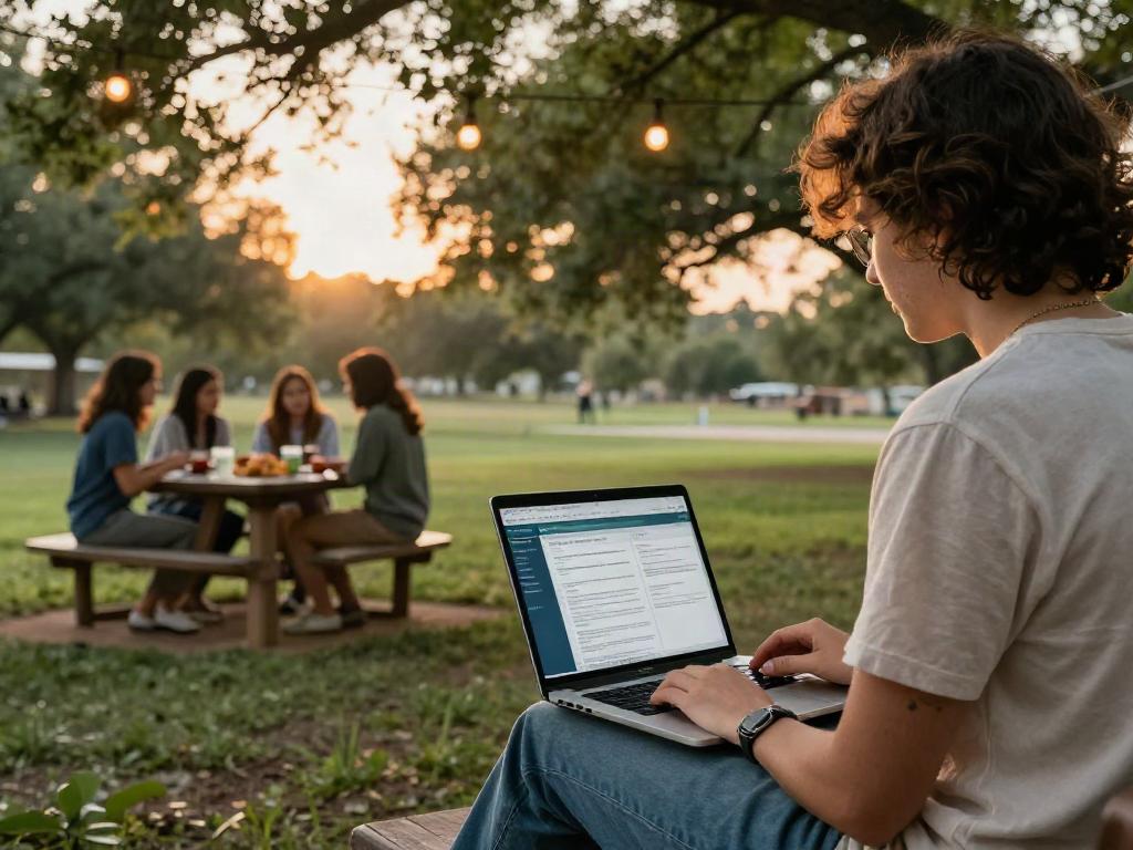 Online medical card Texas application process in a serene outdoor setting, capturing the relaxed atmosphere and ease of access.