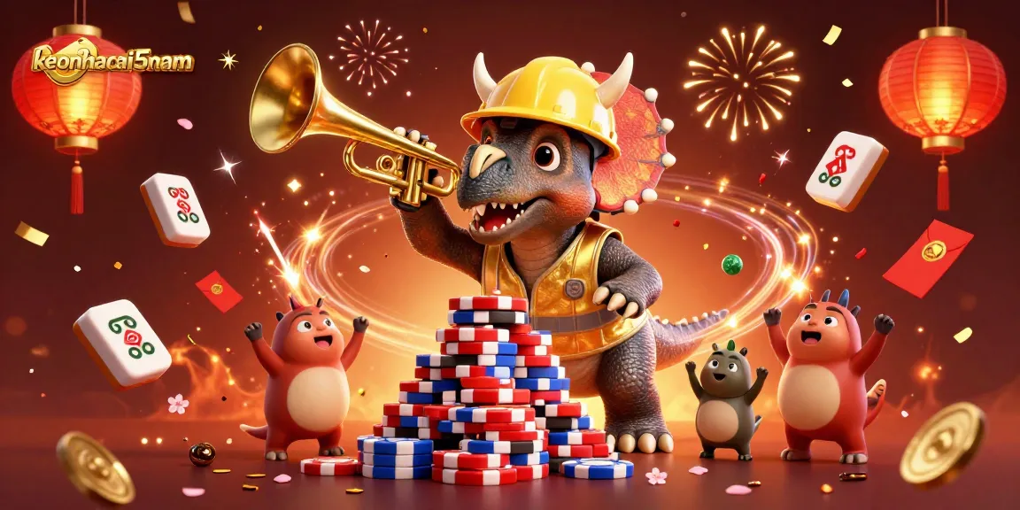 Engage with keonhacai5nam as a triceratops builds an exciting stack of poker chips while celebrating and surrounded by festive elements.