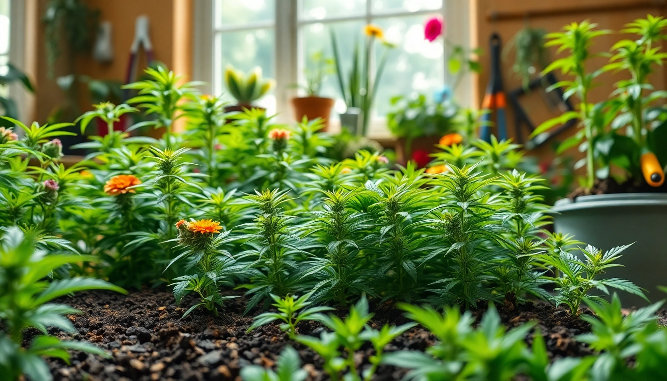 A lush arrangement of weed plants in a sunlit indoor garden illustrating where can i buy weed plants.