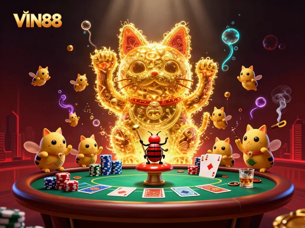 VIN88 offers dynamic gameplay with a vibrant lucky cat and casino symbols amidst colorful poker elements.