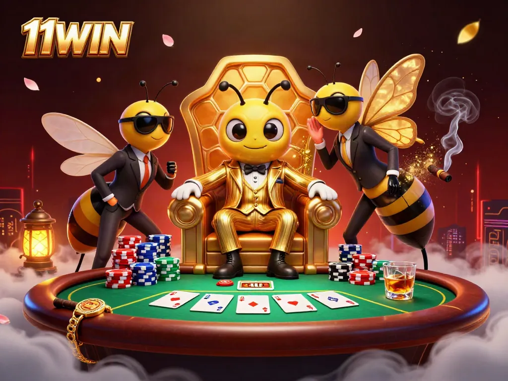 11WIN showcases a vibrant 3D casino scene with a bumblebee mob boss and poker elements in action.