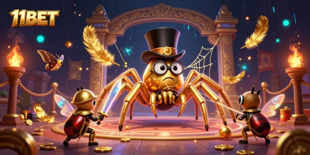 11BET brings excitement with a giant tarantula weaving a golden web in a vibrant casino scene.