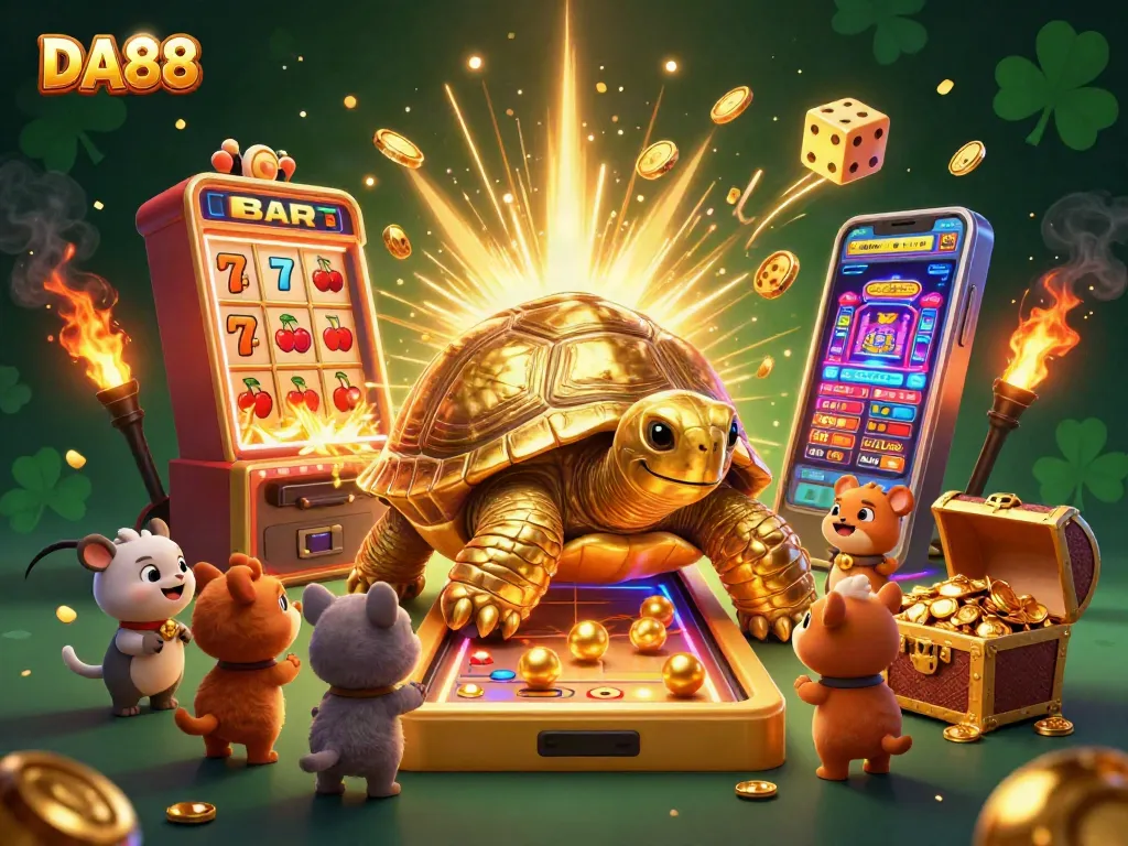 Spin the reels at DA88 with a dynamic scene of a golden tortoise, jackpots, and casino delights!