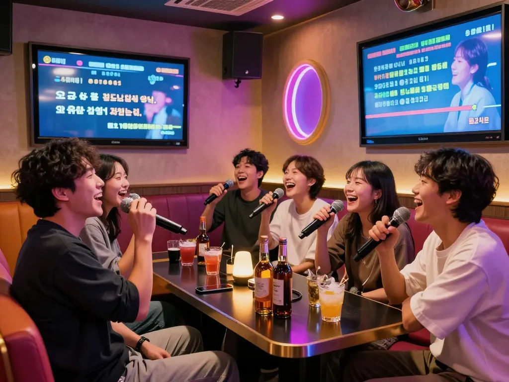 Enjoying 제주유흥 at a lively karaoke bar with friends, vibrant atmosphere, whiskey bottles, and neon lights.