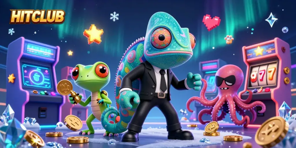 Engage with HITCLUB's dynamic gaming world featuring colorful characters and action-packed elements.