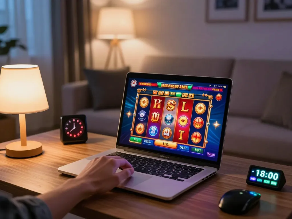 Engaging in hoki slot gameplay on a vibrant laptop with a warm home setting.