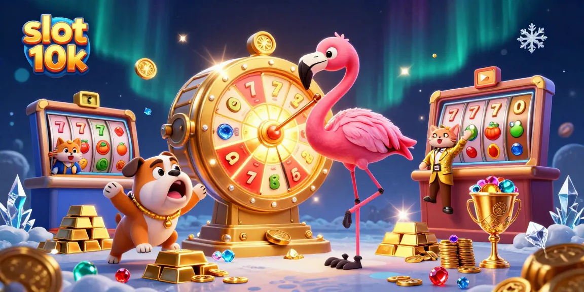 Excited bulldog contests slot 10k prize with flamingo host, surrounded by jackpots and treasures.