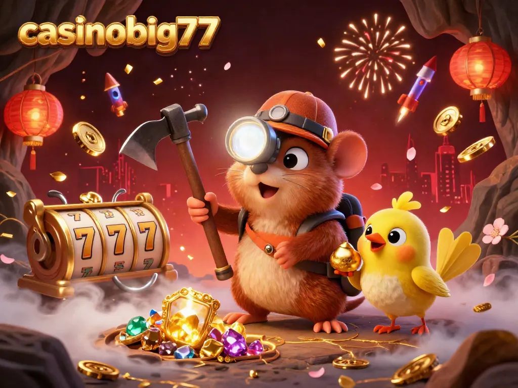 Casinobig777 features a whimsical treasure hunter mole mining gems alongside its golden canary companion amidst captivating casino elements in a vibrant cave scene.