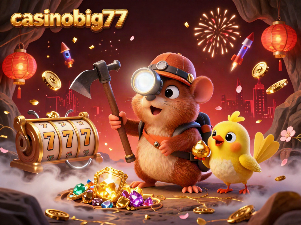 Casinobig777 features a whimsical treasure hunter mole mining gems alongside its golden canary companion amidst captivating casino elements in a vibrant cave scene.