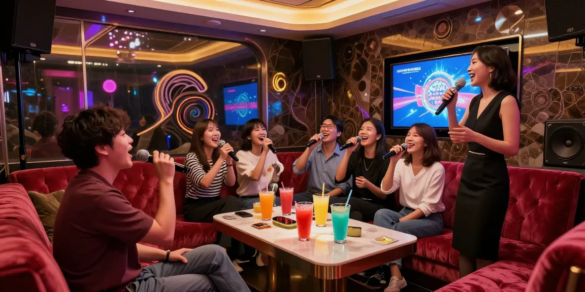 Vibrant 인천쓰리노 karaoke room scene with friends enjoying private singing experience and colorful drinks.