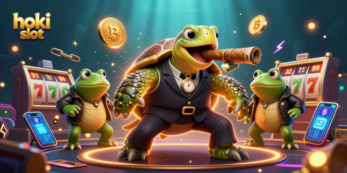 Spin the reels with hoki slot! Cartoon snapping turtle and bullfrog enforcers celebrate big wins!