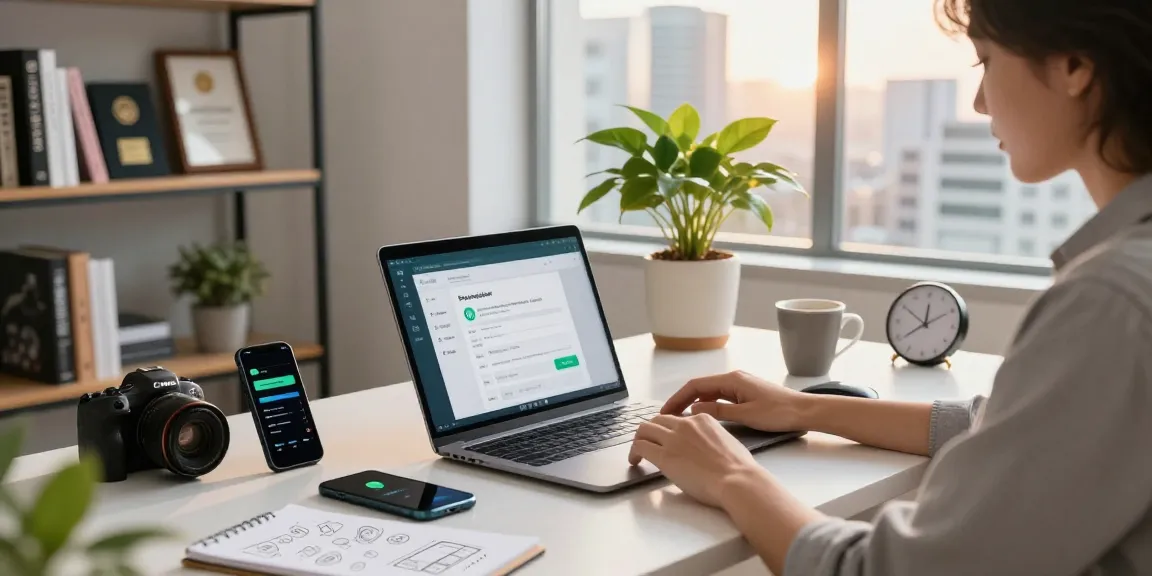 Workspace with WhatsApp電腦版 interface on laptop, showcasing dynamic productivity in a modern tech environment.