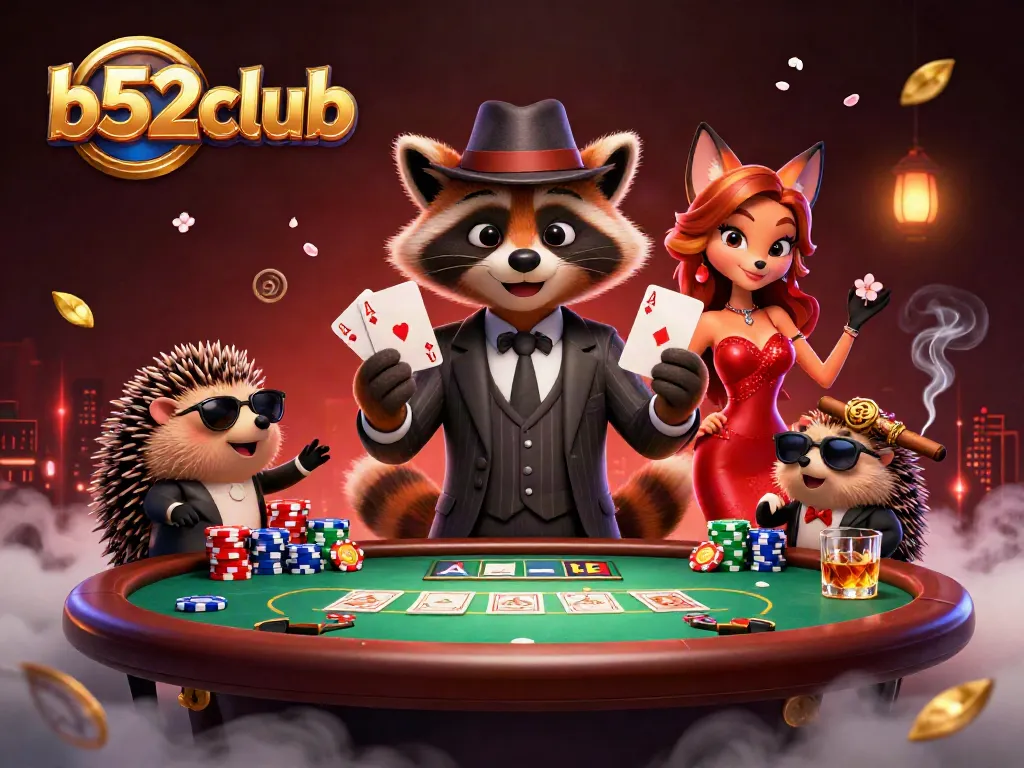 Engage with the excitement of b52club poker as a suave raccoon wins with a royal flush.