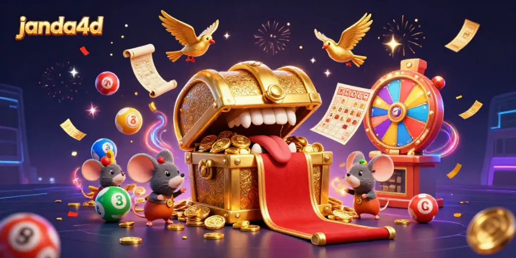 Permainan janda4d menampilkan mobil harta karun 3D dan bola lotere berwarna-warni, menambahkan keseruan taruhan.