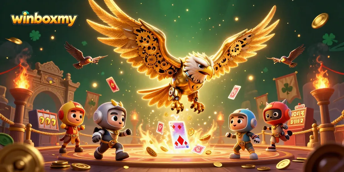 Experience winboxmy's dynamic gaming world with a golden eagle amidst colorful casino elements.