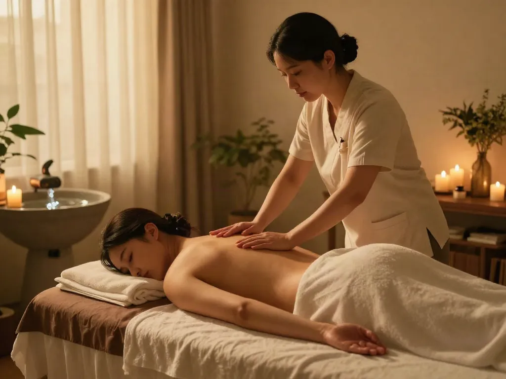 부평출장마사지 in a serene home setting with a therapist and client.