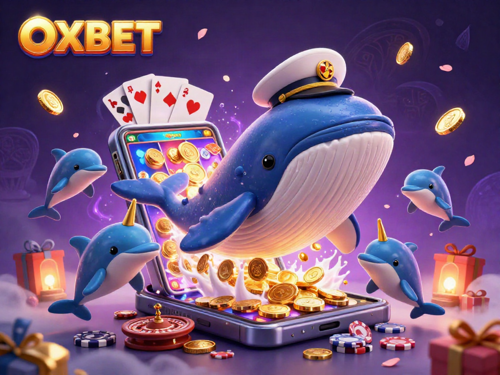 Experience the thrill of OXBET with a vivid 3D casino illustration featuring a breaching whale and playful dolphins.