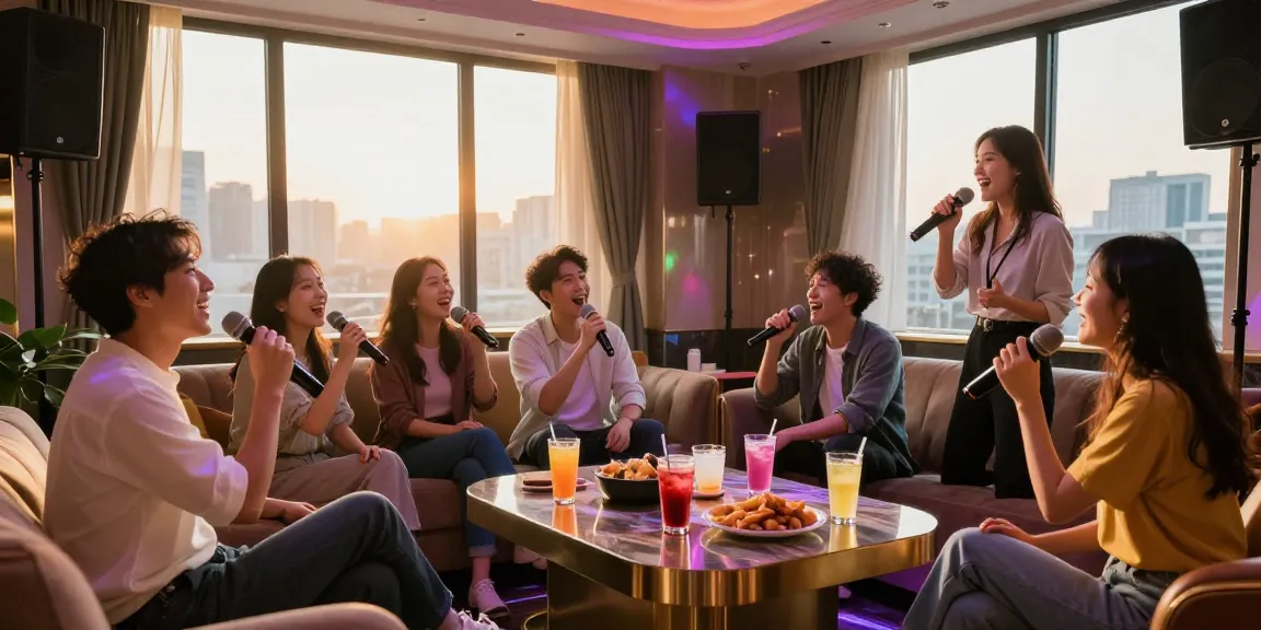 Vibrant atmosphere at 강남가라오케 with friends singing, colorful lights, and stylish décor.