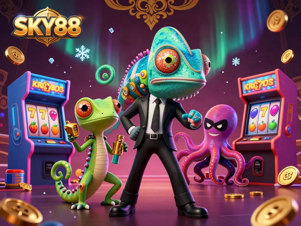 Engage with exciting slot reels and the vibrant world of SKY88 in this detailed 3D illustration.