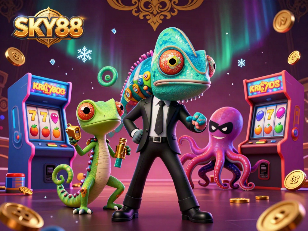 Engage with exciting slot reels and the vibrant world of SKY88 in this detailed 3D illustration.