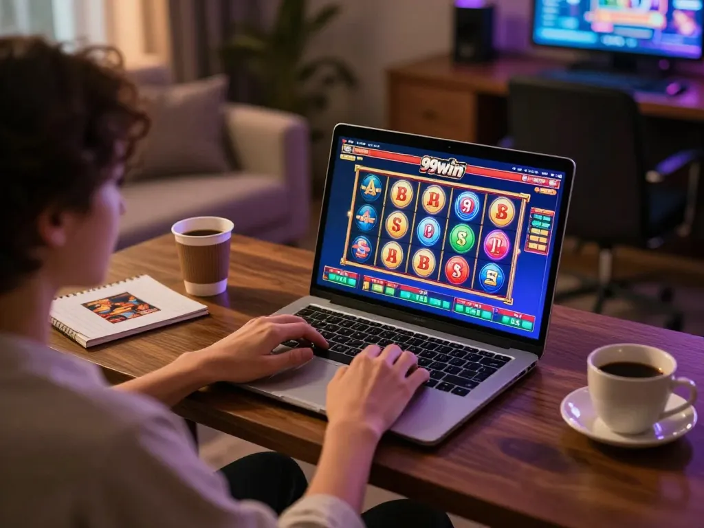 Player enjoying slots on 99win from their cozy home setup with laptop and notes.