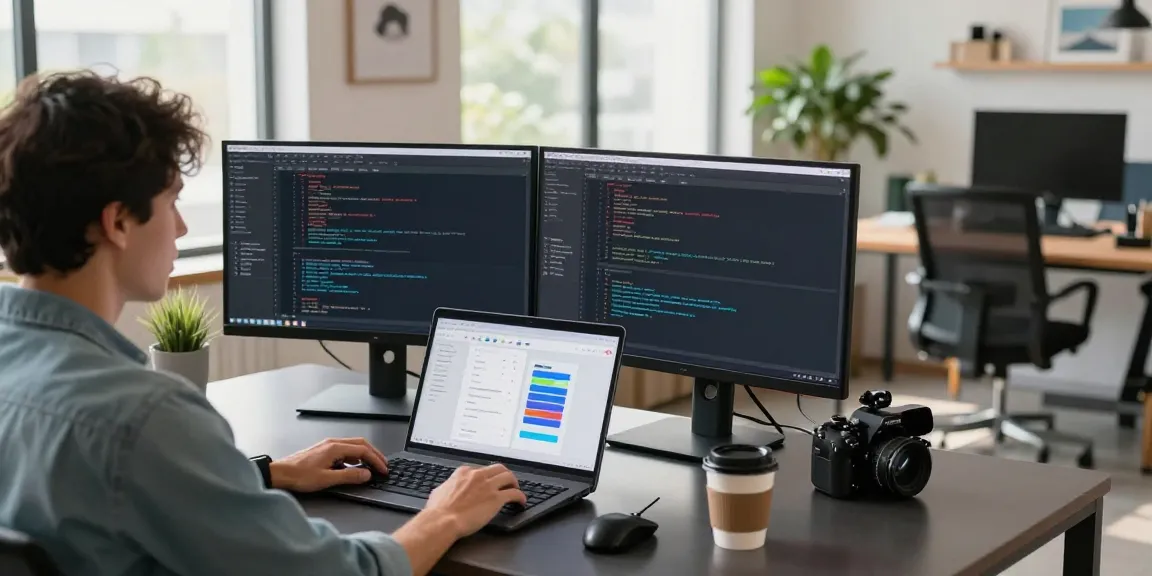 Focused software developer coding with snipaste下载 interface on dual monitors in a modern workspace