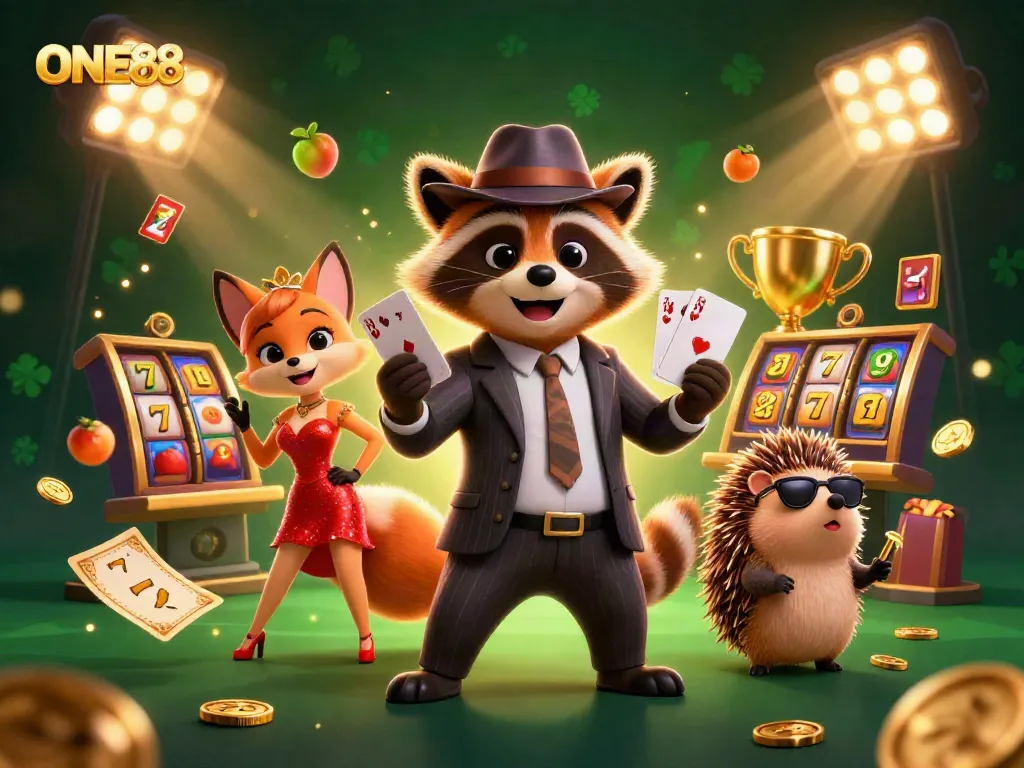 Experience exhilarating gameplay with ONE88's dynamic casino scene featuring thrilling slot elements and vibrant characters.