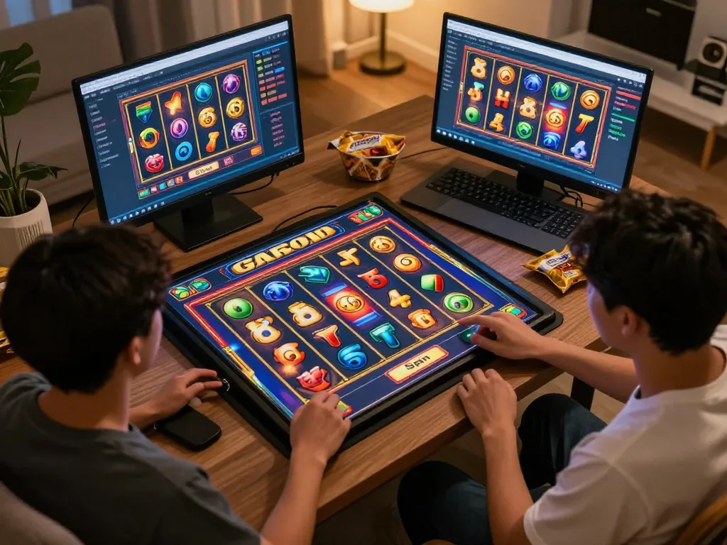 Player engaged in an online slot gacor game with vibrant reels and spinning graphics