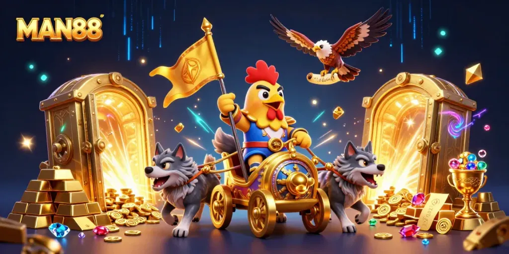 Experience MAN88's thrilling gaming adventure with a rooster warlord and treasure galore in a vibrant casino scene.