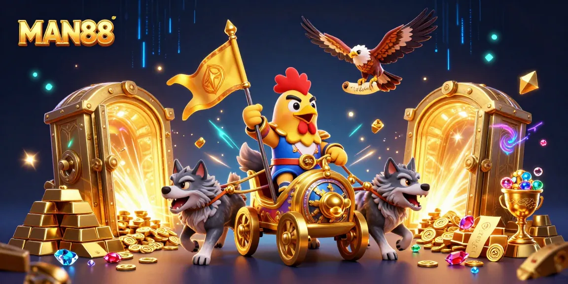 Experience MAN88's thrilling gaming adventure with a rooster warlord and treasure galore in a vibrant casino scene.