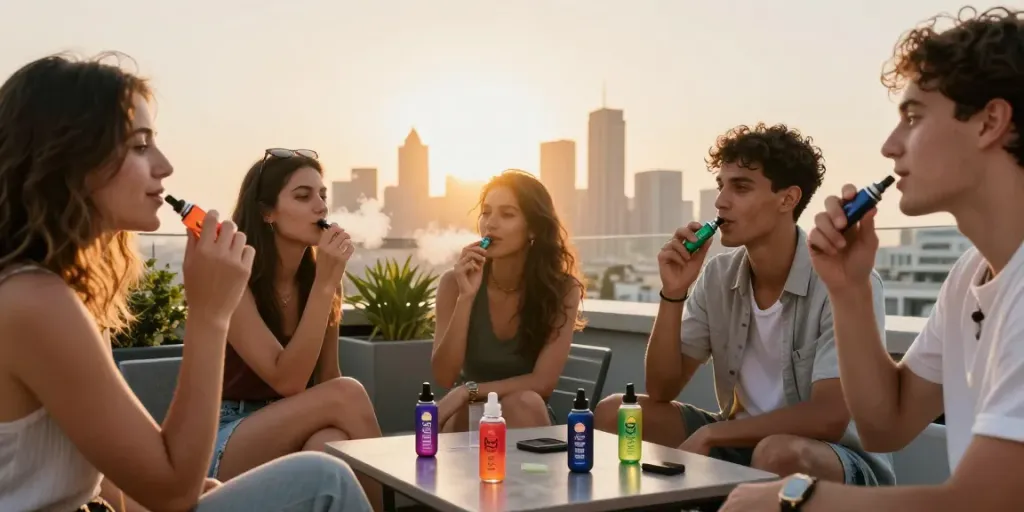 Freunde genießen Al Fakher Doppelapfel Vape 8000 auf einer Terrasse mit Stadtansicht während des Sonnenuntergangs.