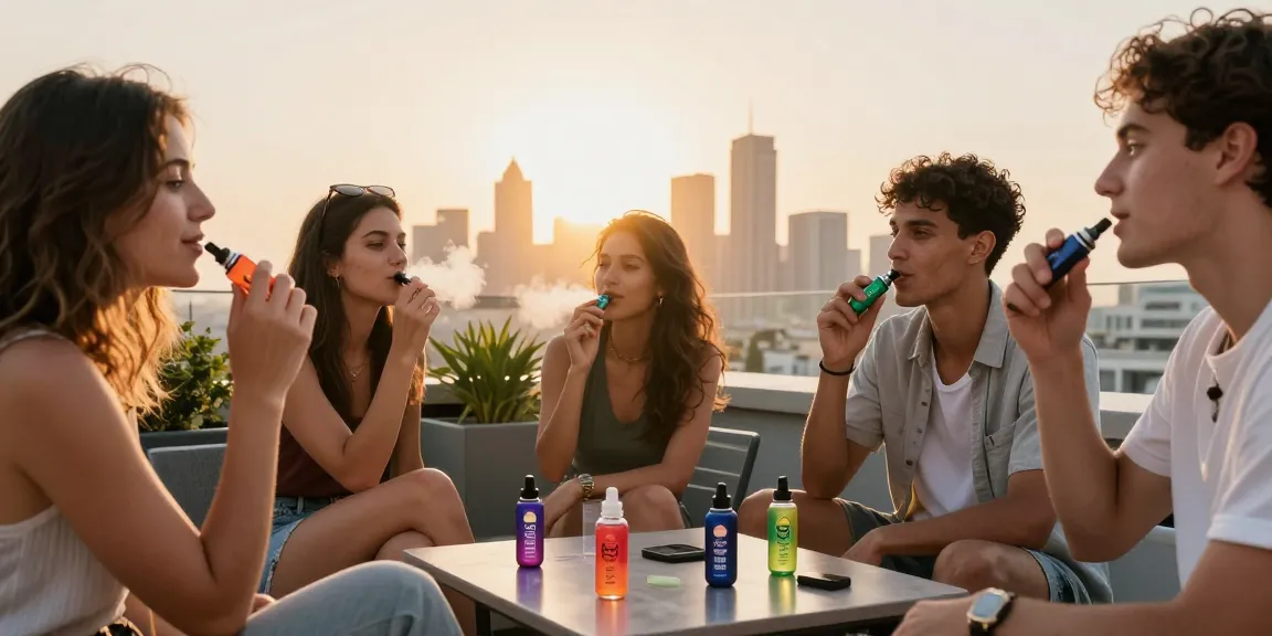 Freunde genießen Al Fakher Doppelapfel Vape 8000 auf einer Terrasse mit Stadtansicht während des Sonnenuntergangs.