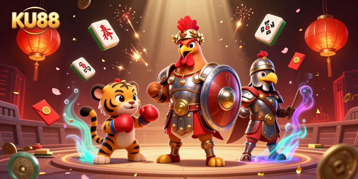 Engage with the thrilling world of KU88, where a gladiator rooster and tiger cub prepare for an intense gaming showdown.
