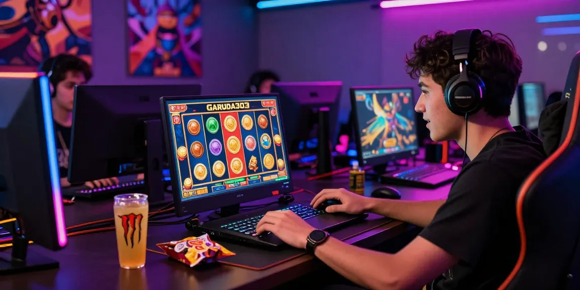 Excited gamer playing Garuda303 slot games on a high-definition laptop.