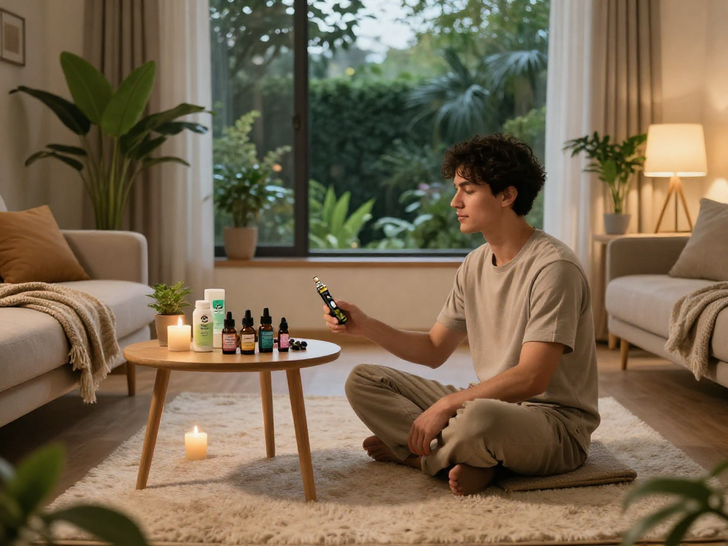 Experience cannabis delivery with premium CBD oil and wellness products in a serene home atmosphere.