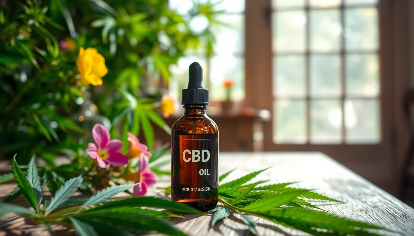 Showcase CBD Oil in a bottle with fresh hemp leaves on a wooden table.