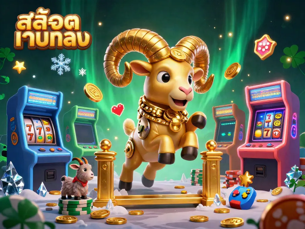 Experience the thrilling world of สล็อตเว็บตรง with a golden ram charging through a vibrant casino scene filled with slot game excitement.